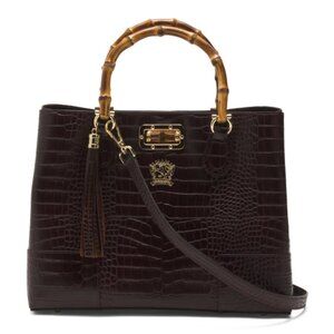 NWT ✅ Pratesi Firenze Italian K291 Triple Compartment Croc Leather Bag BROWN